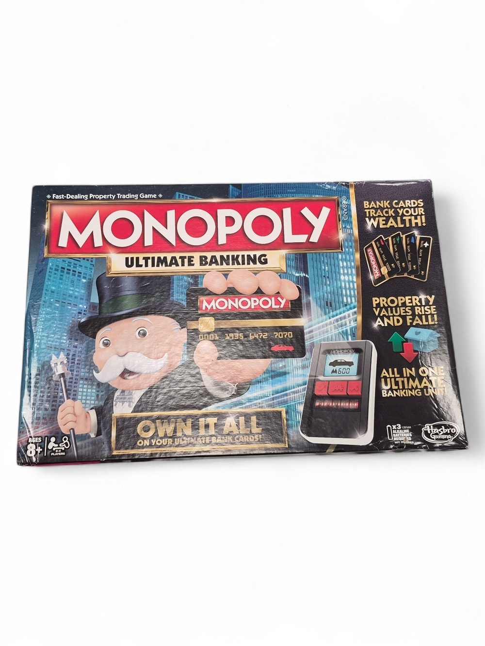 Hasbro Monopoly Ultimate Banking Board Game Box - Blue Red Black